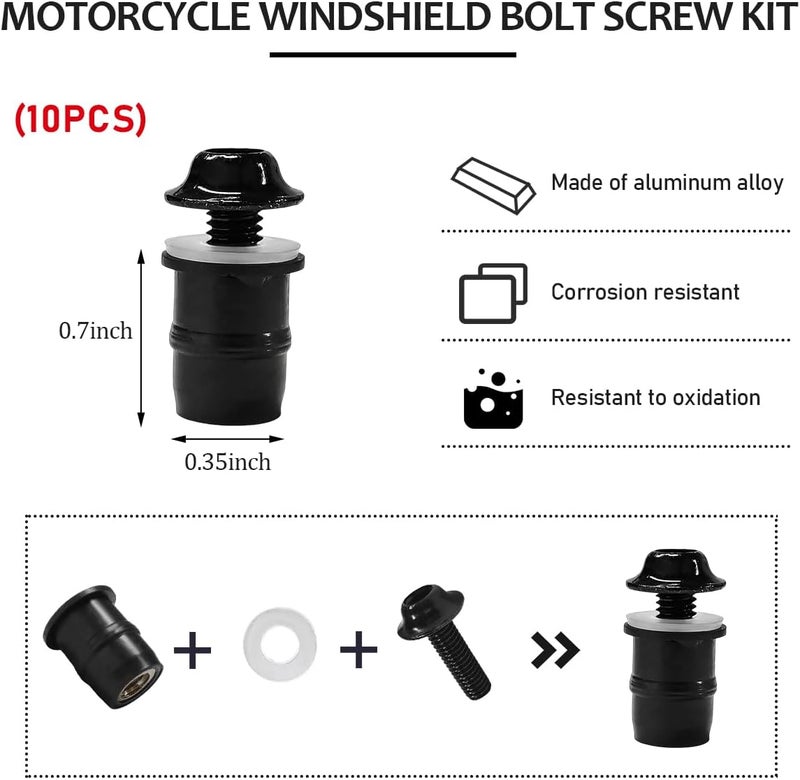 KVAEY 10 PCS Motorcycle Windshield Bolt Screw Kit, Aluminum Alloy Windscreen Mounting Bolt Screws, Universal Windshield Screws Bolts Nuts for Motorcycle Fairings, Car Accessories (Black) - Image 2